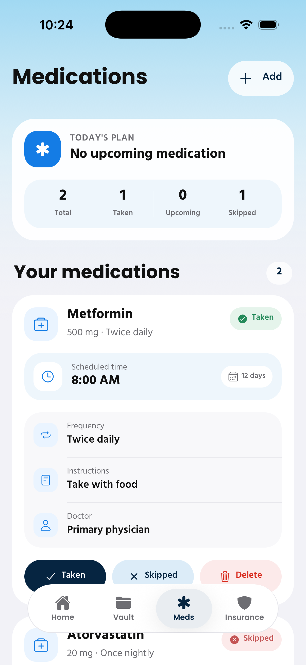 Elio medications screen showing medication schedules and status
